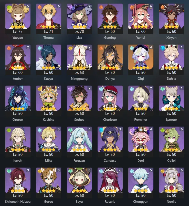 GI1063 EU AR60 Starter – Yelan C1, Raiden Shogun C2, Kaedehara Kazuha C2, Keqing C1, Mona C1, Diluc C2, Jean C3, Qiqi C4, 48 Legendary Characters 